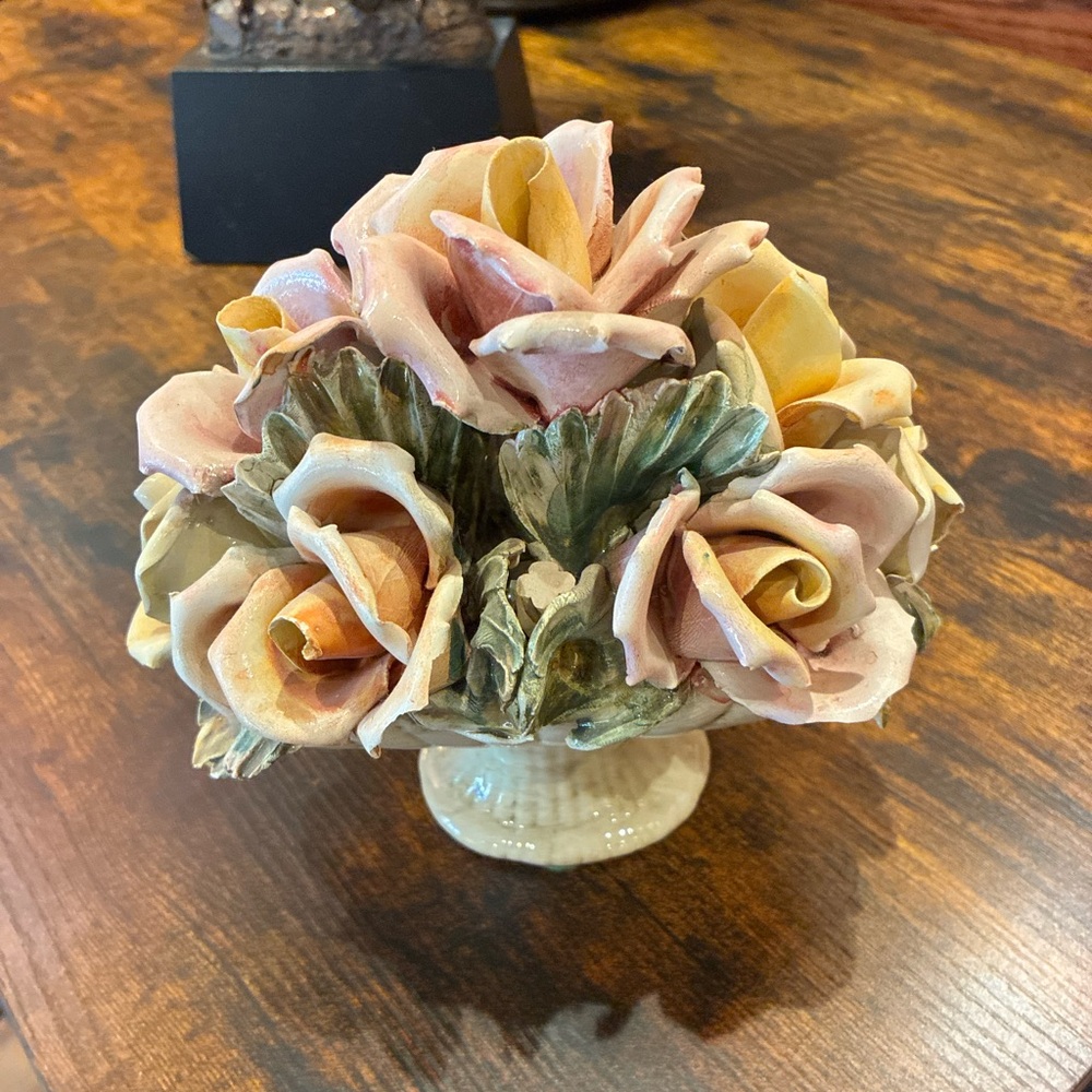 Italy Porcelain Floral Bouquet Centerpiece - Pink and Cream Ceramic Roses